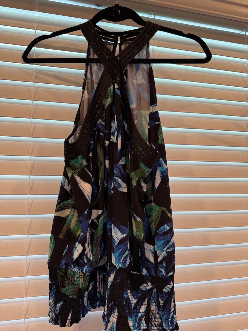 White House Black Market Black Floral Halter Tank with Blue & Green Print